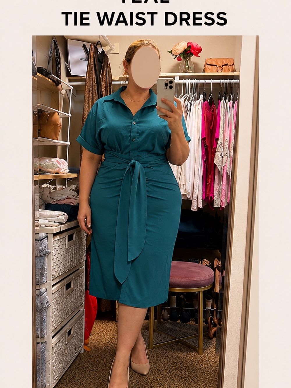 Teal Tie Waist Shirt Dress -